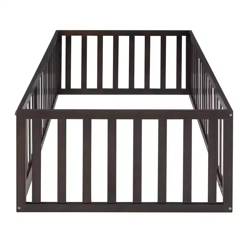 Twin Kids Floor Bed with Fence and Door, Solid Pine Wood, Walnut Finish