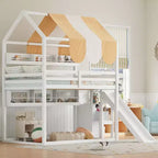 Full Size Kids Loft House Bed with Canopy, Slide, and Built-In Bookshelves