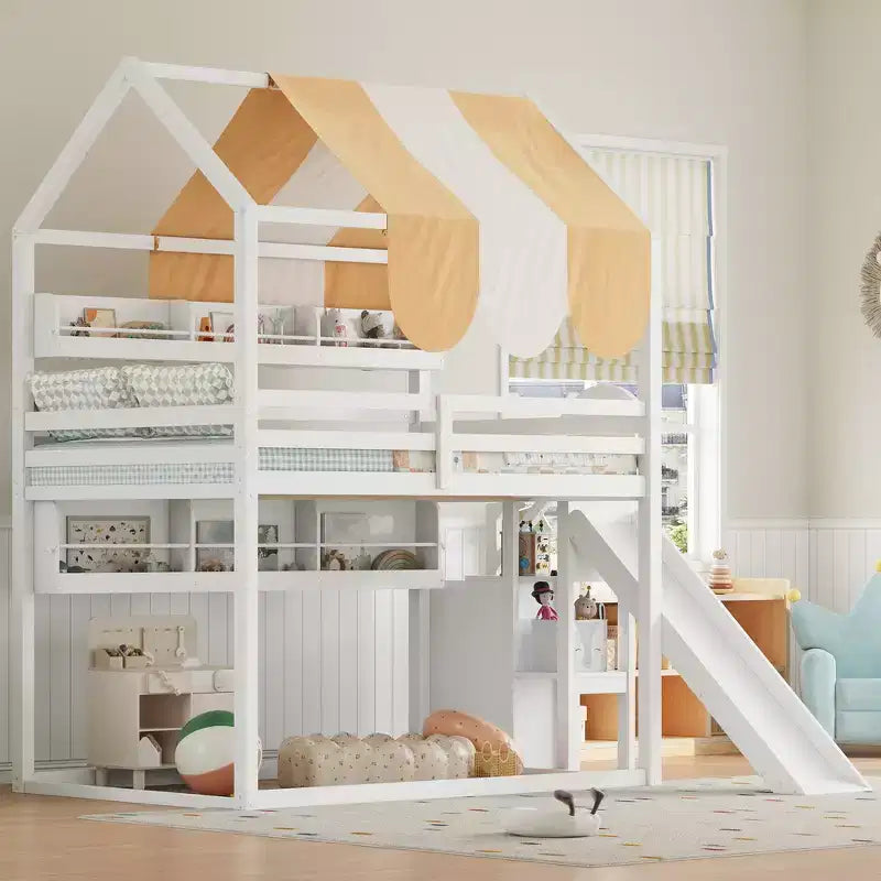 Full Size Kids Loft House Bed with Canopy, Slide, and Built-In Bookshelves