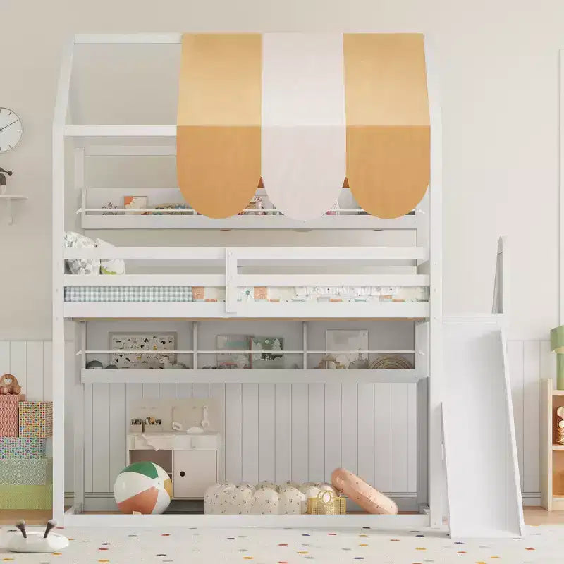 Full Size Kids Loft House Bed with Canopy, Slide, and Built-In Bookshelves