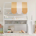Full Size Kids Loft House Bed with Canopy, Slide, and Built-In Bookshelves
