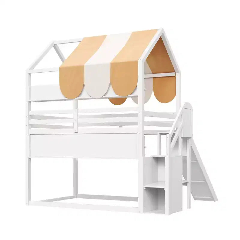 Full Size Kids Loft House Bed with Canopy, Slide, and Built-In Bookshelves