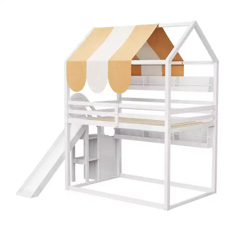 Full Size Kids Loft House Bed with Canopy, Slide, and Built-In Bookshelves