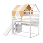 Full Size Kids Loft House Bed with Canopy, Slide, and Built-In Bookshelves