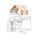 Full Size Kids Loft House Bed with Canopy, Slide, and Built-In Bookshelves