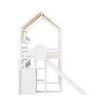 Full Size Kids Loft House Bed with Canopy, Slide, and Built-In Bookshelves