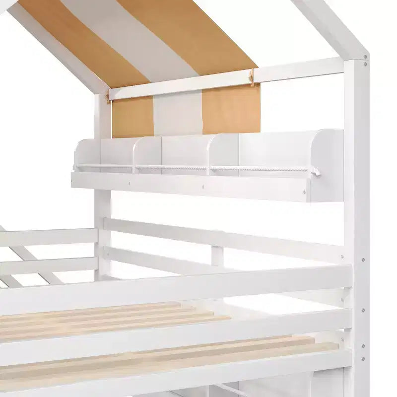 Full Size Kids Loft House Bed with Canopy, Slide, and Built-In Bookshelves
