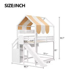 Full Size Kids Loft House Bed with Canopy, Slide, and Built-In Bookshelves