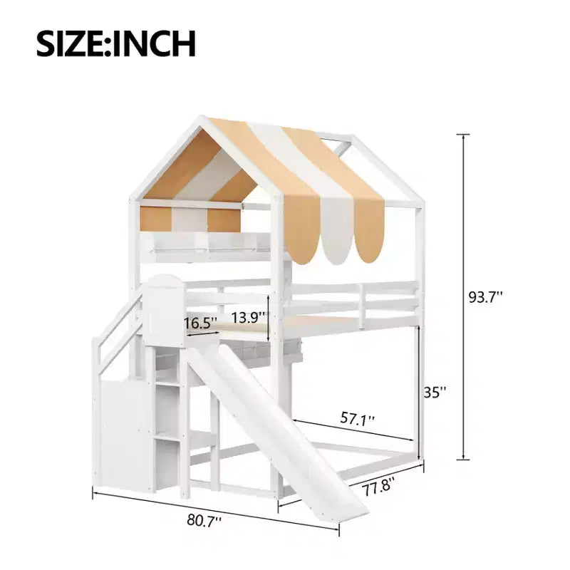 Full Size Kids Loft House Bed with Canopy, Slide, and Built-In Bookshelves