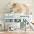Full Size Kids Loft House Bed with Canopy, Slide, and Built-In Bookshelves