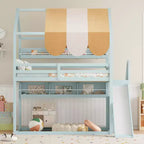 Full Size Kids Loft House Bed with Canopy, Slide, and Built-In Bookshelves