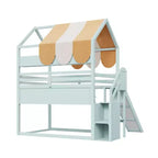 Full Size Kids Loft House Bed with Canopy, Slide, and Built-In Bookshelves