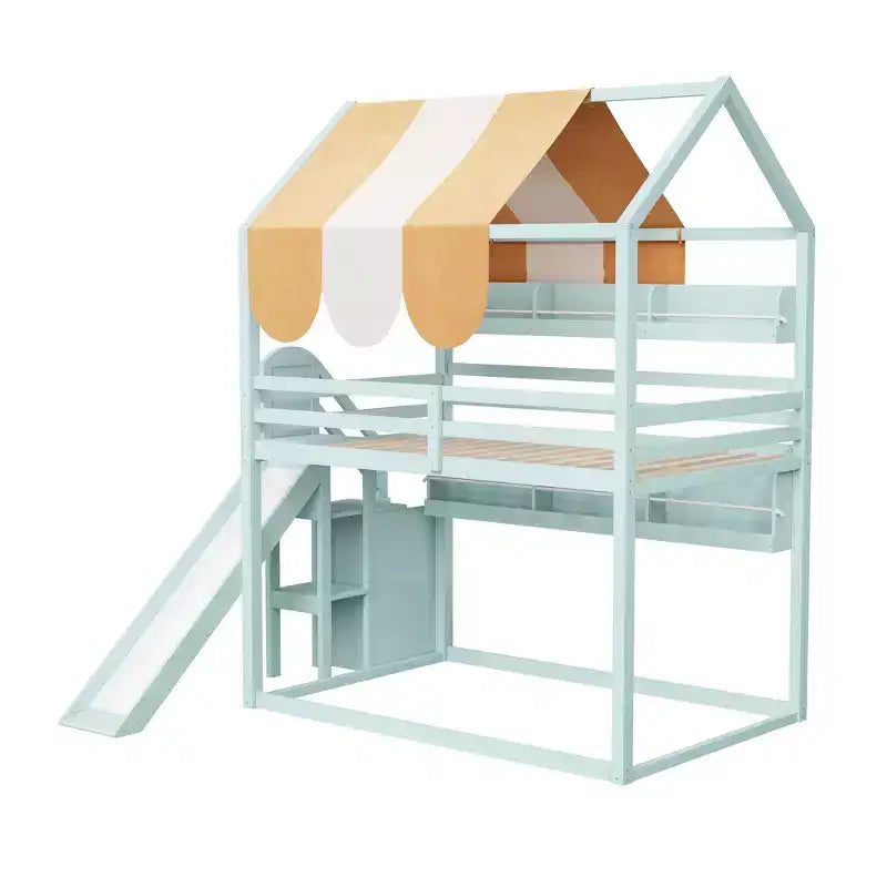 Full Size Kids Loft House Bed with Canopy, Slide, and Built-In Bookshelves