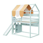 Full Size Kids Loft House Bed with Canopy, Slide, and Built-In Bookshelves