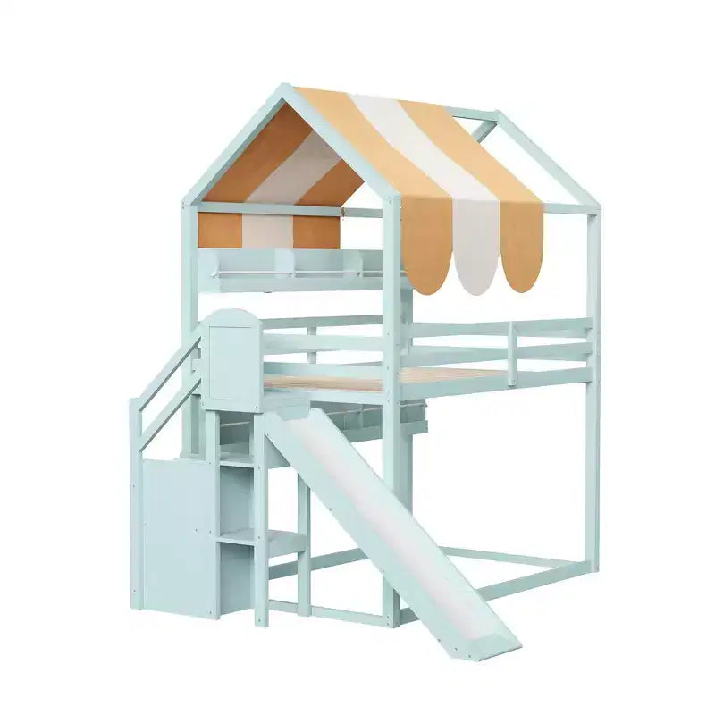 Full Size Kids Loft House Bed with Canopy, Slide, and Built-In Bookshelves