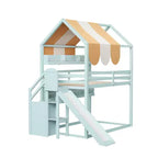 Full Size Kids Loft House Bed with Canopy, Slide, and Built-In Bookshelves
