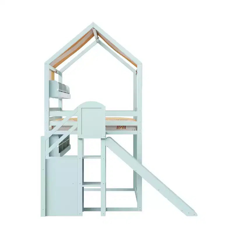 Full Size Kids Loft House Bed with Canopy, Slide, and Built-In Bookshelves