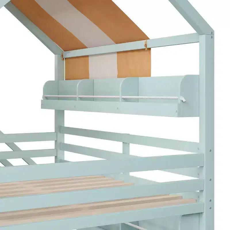 Full Size Kids Loft House Bed with Canopy, Slide, and Built-In Bookshelves