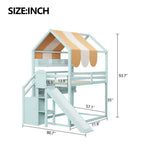 Full Size Kids Loft House Bed with Canopy, Slide, and Built-In Bookshelves