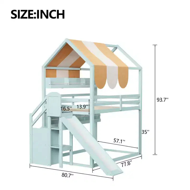 Full Size Kids Loft House Bed with Canopy, Slide, and Built-In Bookshelves