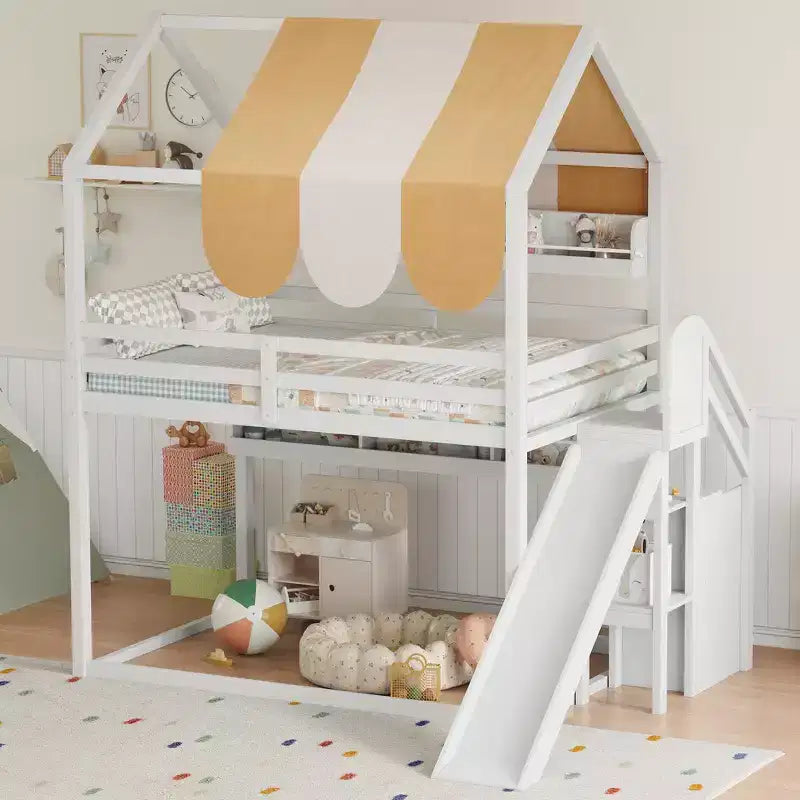 Full Size Kids Loft House Bed with Canopy, Slide, and Built-In Bookshelves