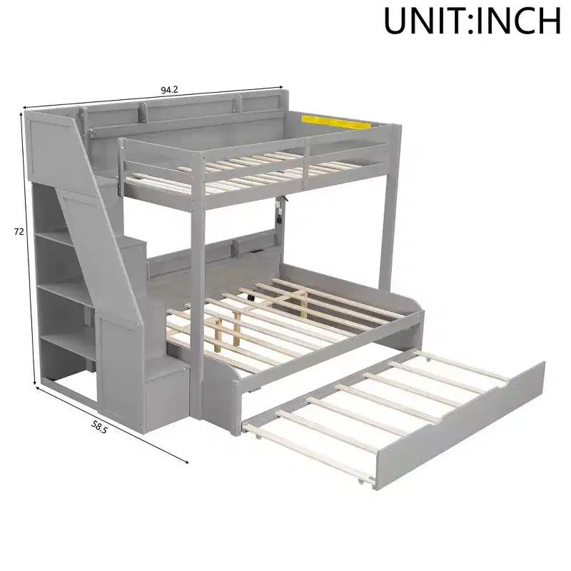 Twin over Full Bunk Bed with Storage Staircase, Trundle, and Shelves