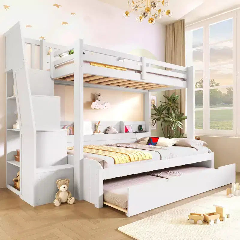 Twin over Full Bunk Bed with Storage Staircase, Trundle, and Shelves