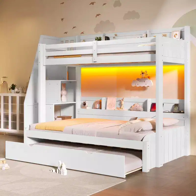 Twin over Full Bunk Bed with Storage Staircase, Trundle, and Shelves
