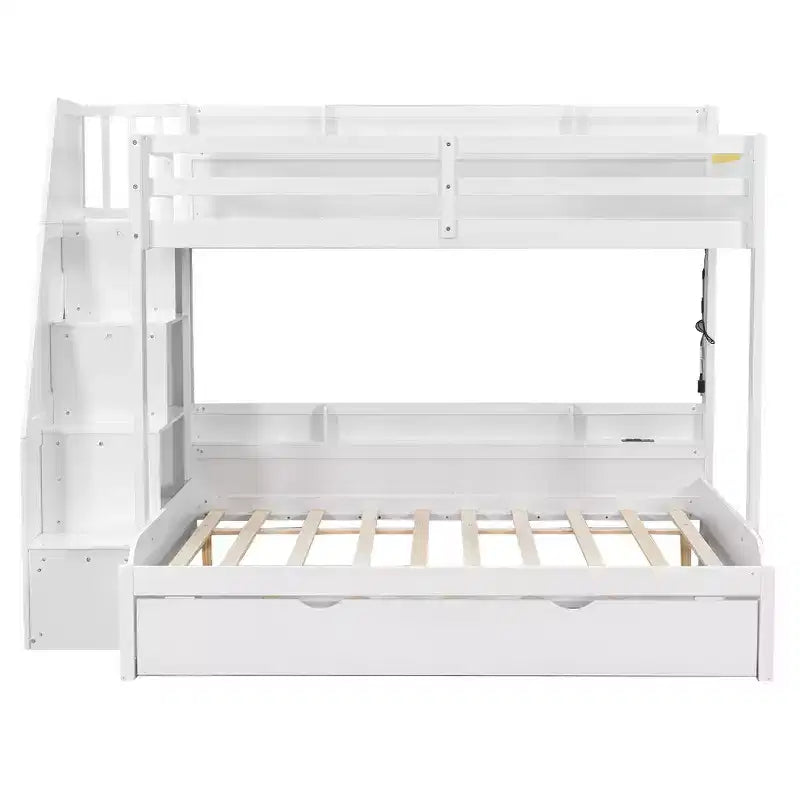 Twin over Full Bunk Bed with Storage Staircase, Trundle, and Shelves