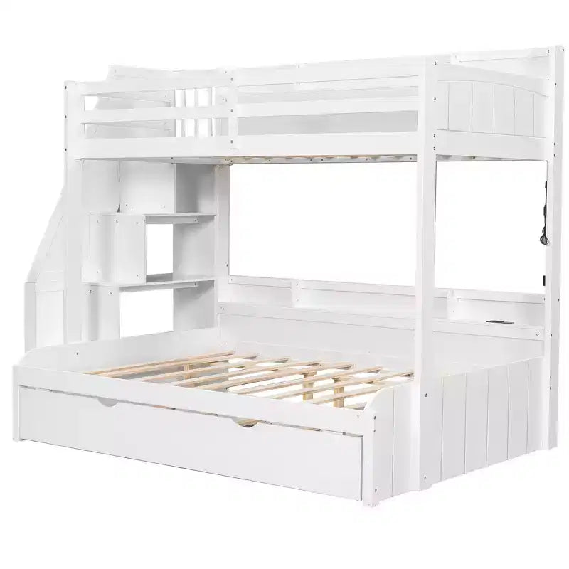 Twin over Full Bunk Bed with Storage Staircase, Trundle, and Shelves