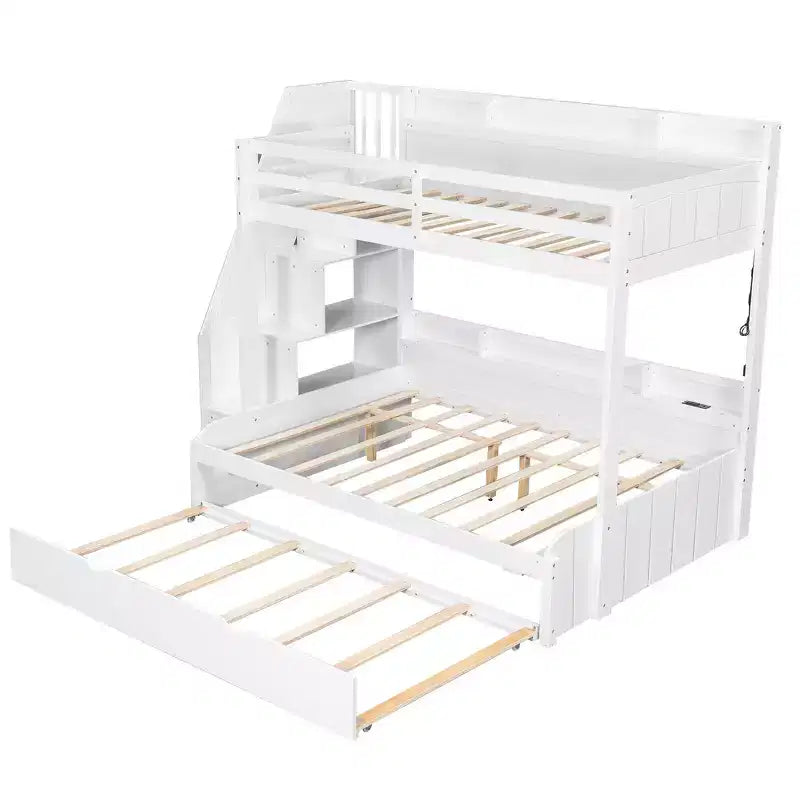 Twin over Full Bunk Bed with Storage Staircase, Trundle, and Shelves