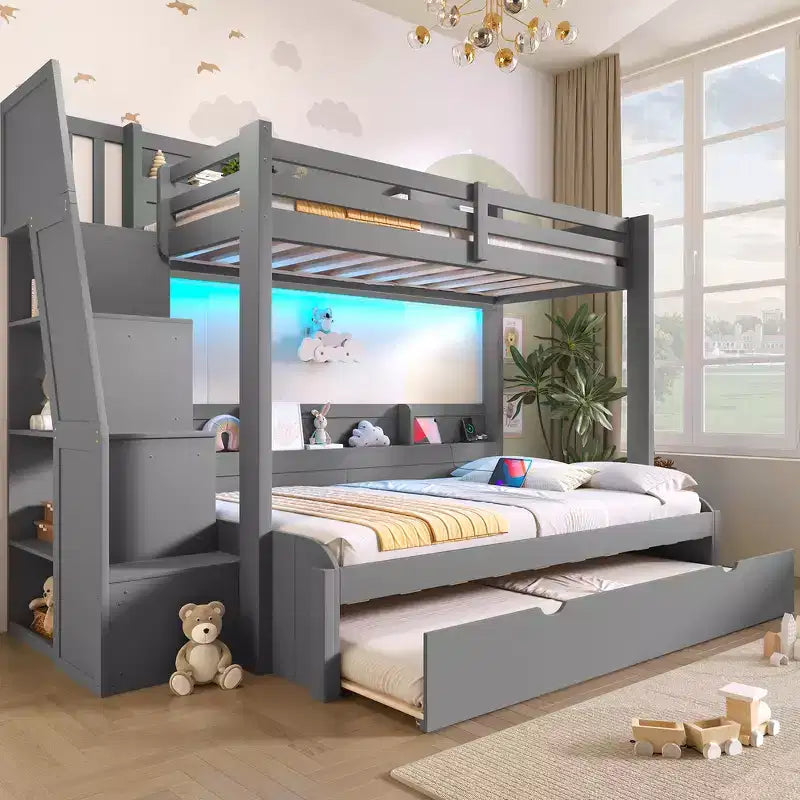 Twin over Full Bunk Bed with Storage Staircase, Trundle, and Shelves