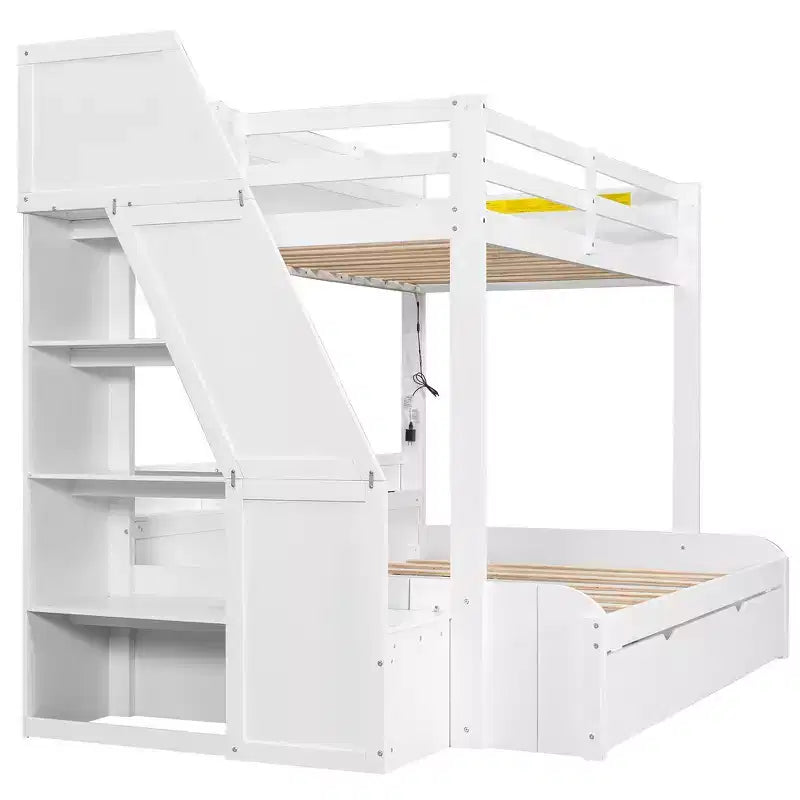 Twin over Full Bunk Bed with Storage Staircase, Trundle, and Shelves