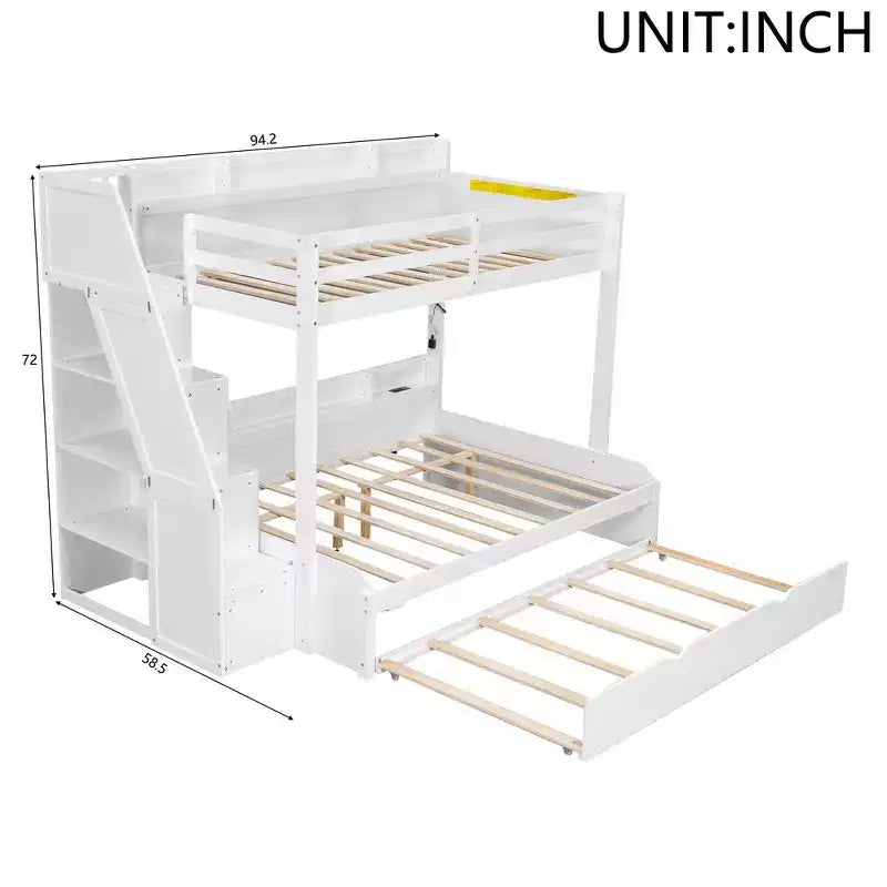 Twin over Full Bunk Bed with Storage Staircase, Trundle, and Shelves