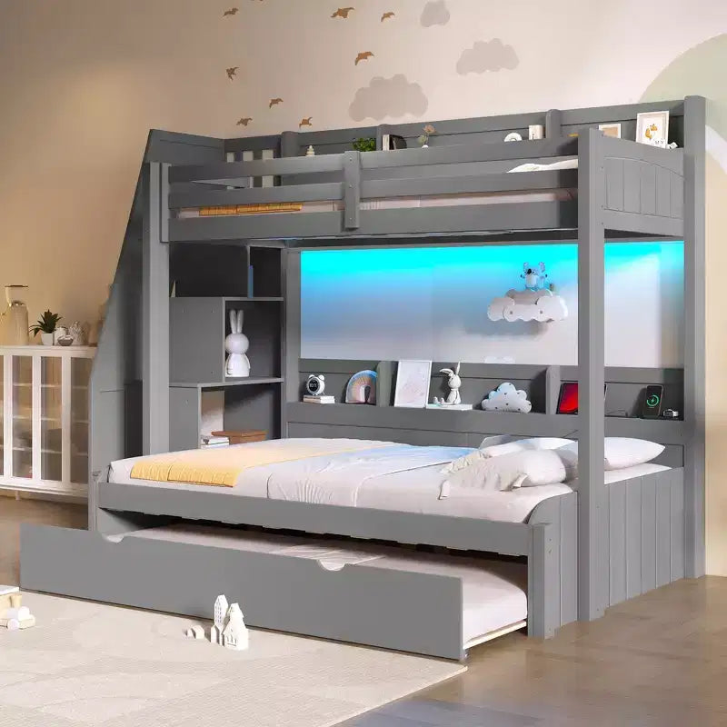 Twin over Full Bunk Bed with Storage Staircase, Trundle, and Shelves
