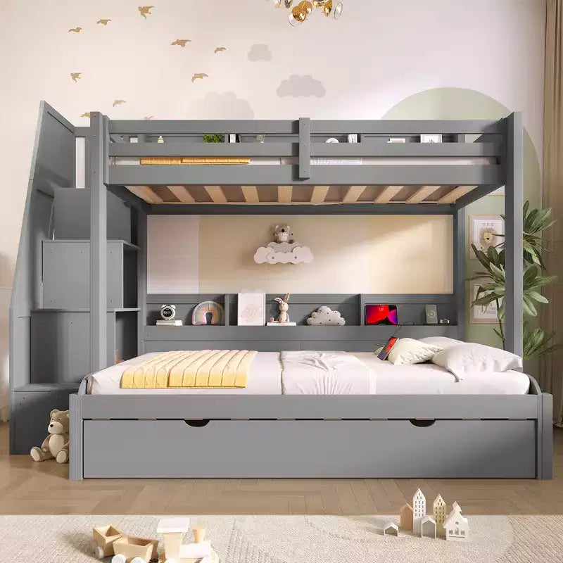Twin over Full Bunk Bed with Storage Staircase, Trundle, and Shelves