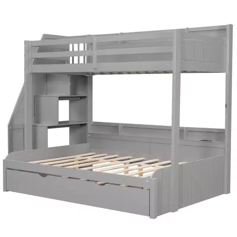 Twin over Full Bunk Bed with Storage Staircase, Trundle, and Shelves
