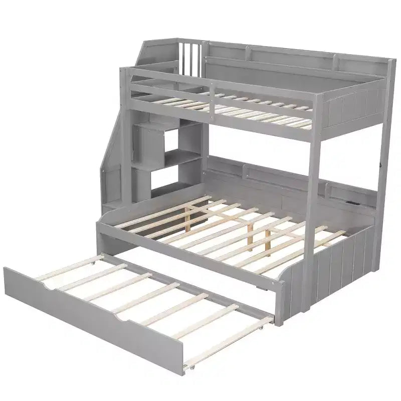 Twin over Full Bunk Bed with Storage Staircase, Trundle, and Shelves