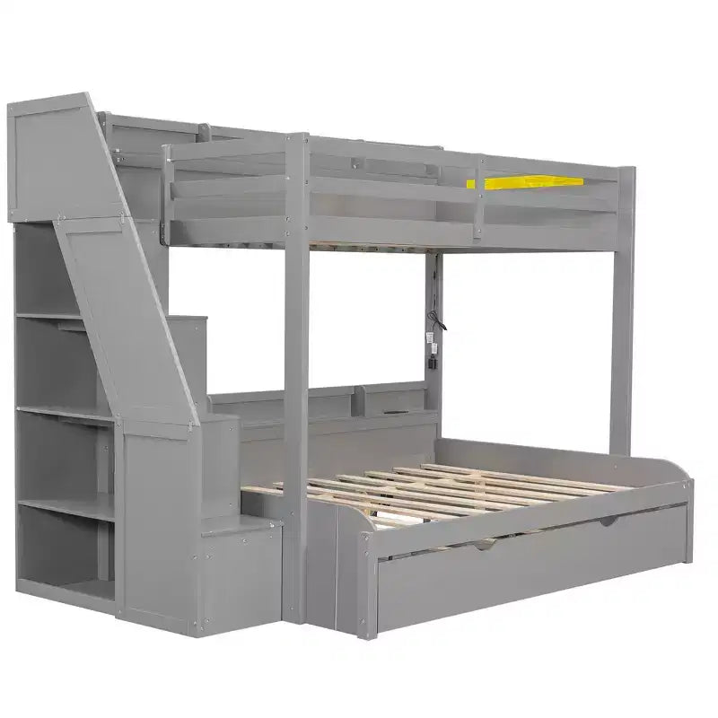 Twin over Full Bunk Bed with Storage Staircase, Trundle, and Shelves
