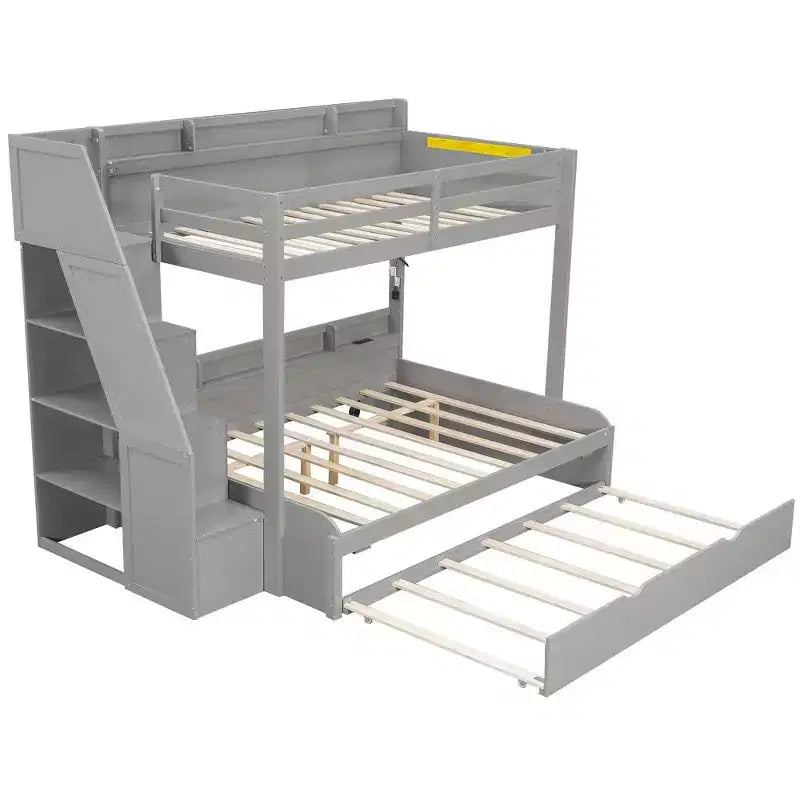 Twin over Full Bunk Bed with Storage Staircase, Trundle, and Shelves