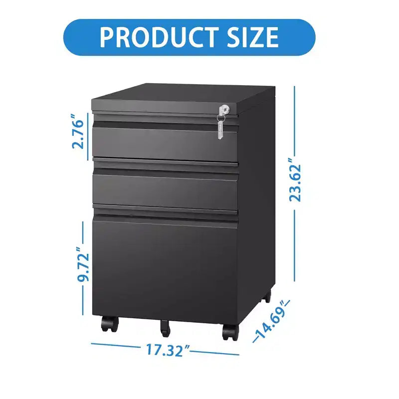 3-Drawer Mobile File Cabinet with Lock, Under-Desk Filing for Home Office