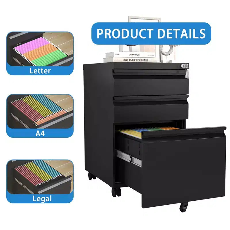 3-Drawer Mobile File Cabinet with Lock, Under-Desk Filing for Home Office