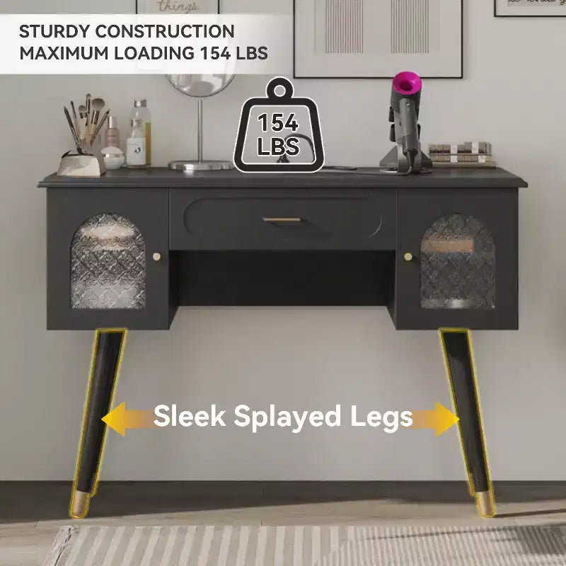 Modern Vanity Makeup Table Set with Stool, Charging Port, Glass Door
