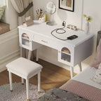 Modern Vanity Makeup Table Set with Stool, Charging Port, Glass Door