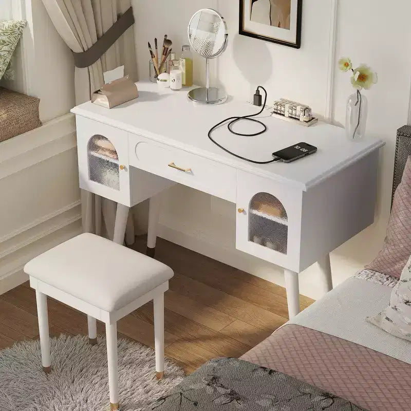 Modern Vanity Makeup Table Set with Stool, Charging Port, Glass Door