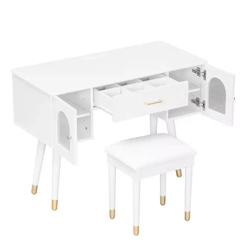 Modern Vanity Makeup Table Set with Stool, Charging Port, Glass Door