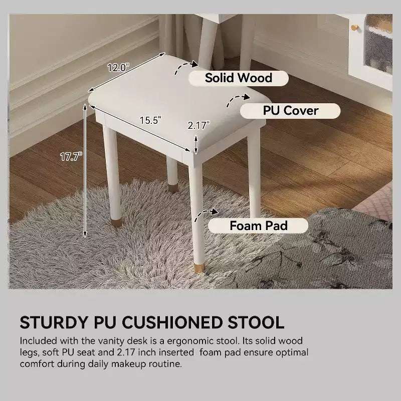 Modern Vanity Makeup Table Set with Stool, Charging Port, Glass Door