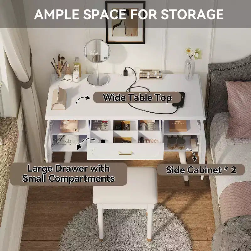 Modern Vanity Makeup Table Set with Stool, Charging Port, Glass Door
