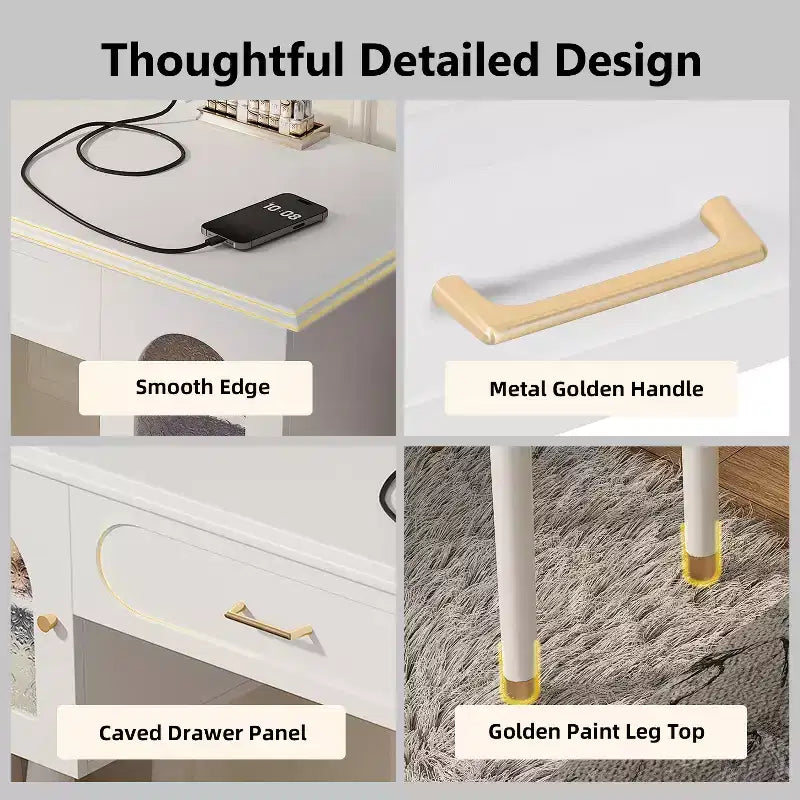 Modern Vanity Makeup Table Set with Stool, Charging Port, Glass Door