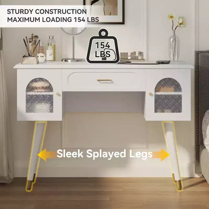 Modern Vanity Makeup Table Set with Stool, Charging Port, Glass Door